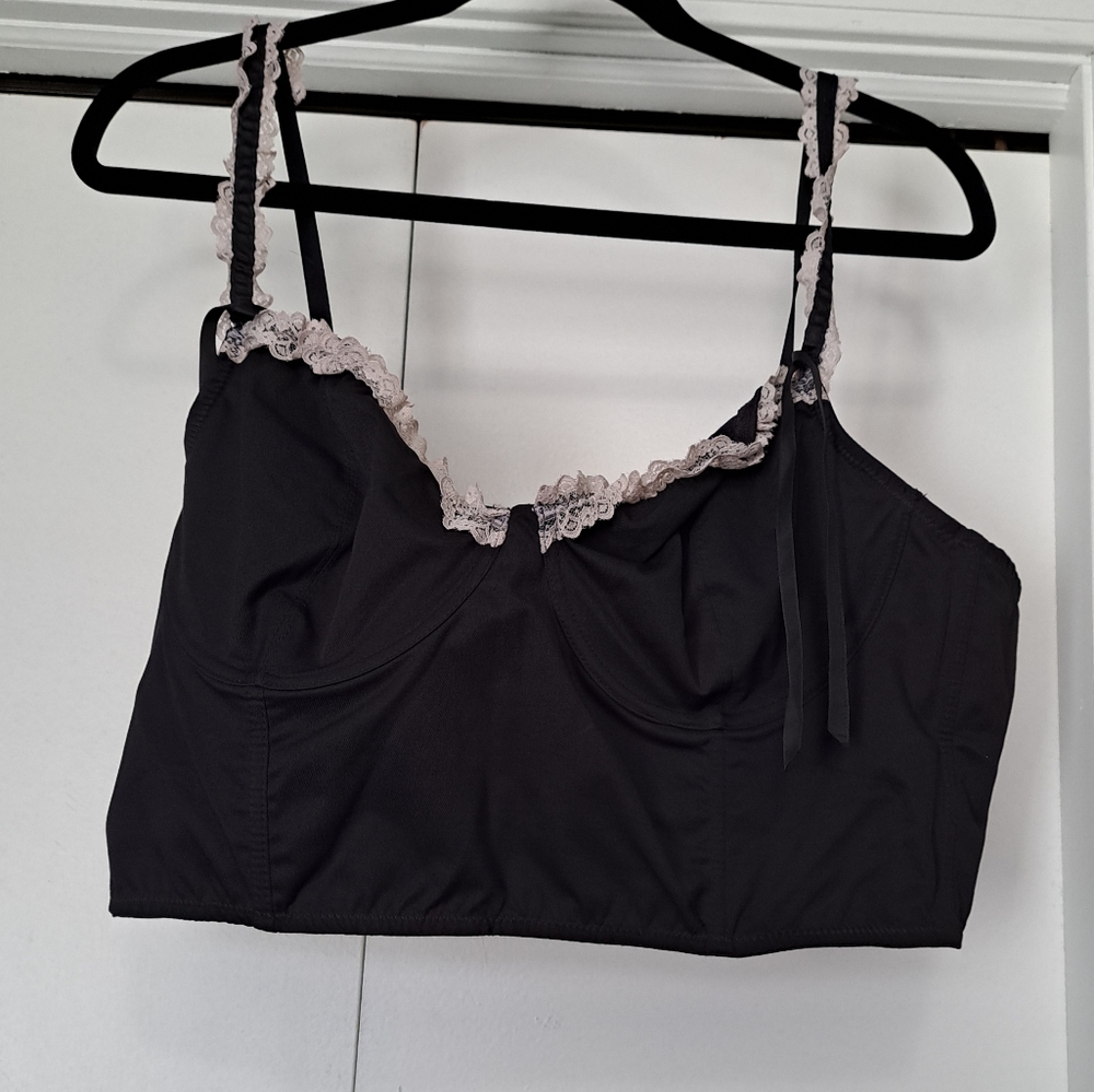 Dolls Kill Black and Pink Lace Trim Crop Top